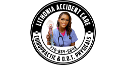 A spinal model held by a medical worker in scrubs appears in the middle of a round logo